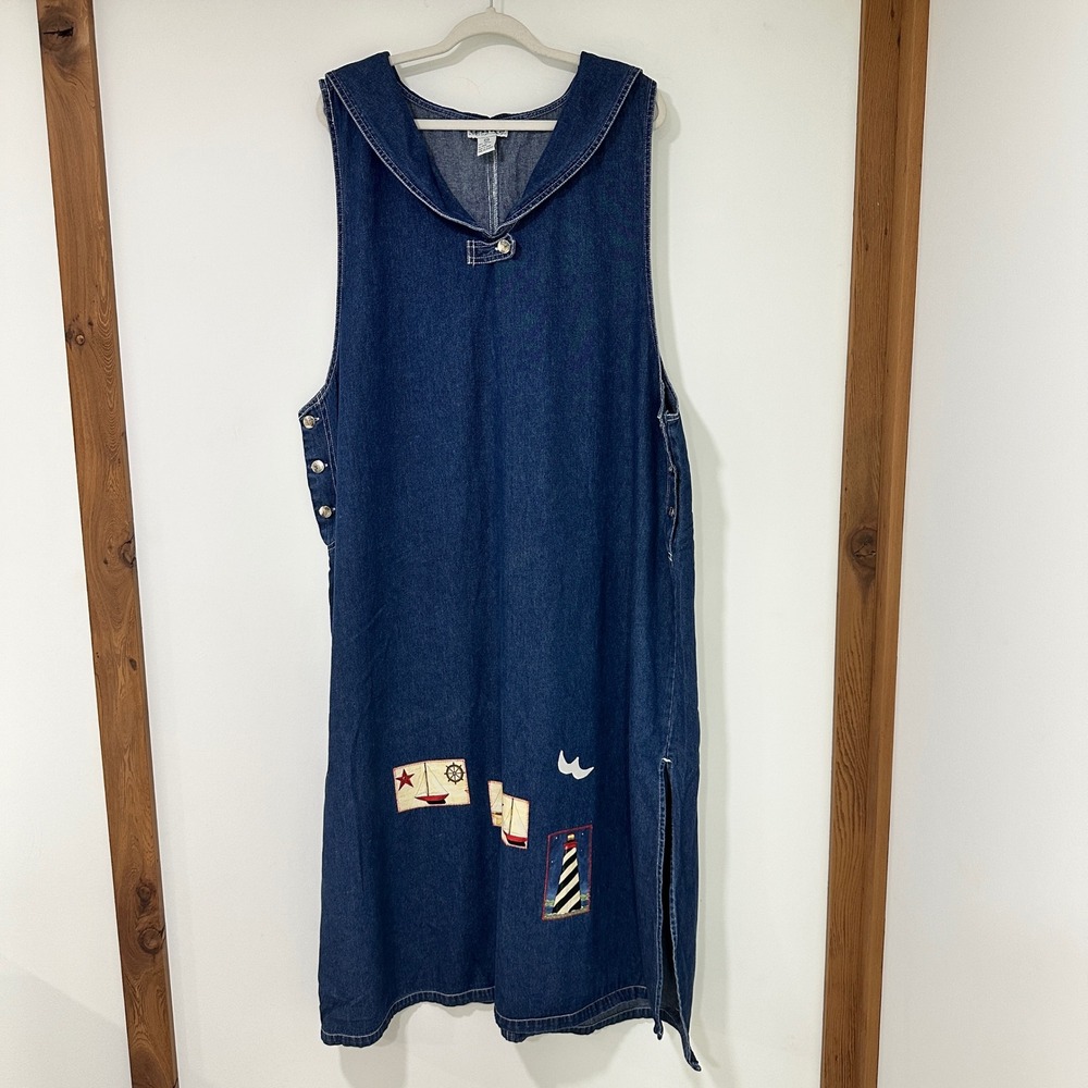 HAIKS Denim Jumper Dress Women 24W Blue Nautical Sailor Lighthouse Sailboat Maxi